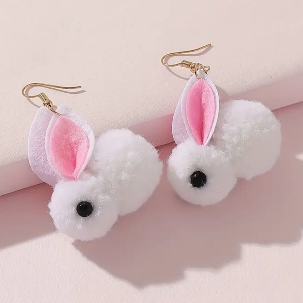 🐰 New White Fluffy Bunny Earrings Plush cute Easter Earrings